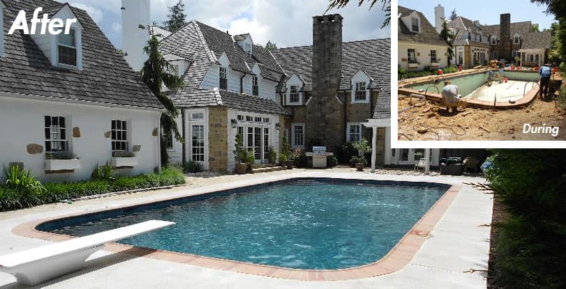 Rectangular pool with red brick coping next to stone home, shown during construction and completed