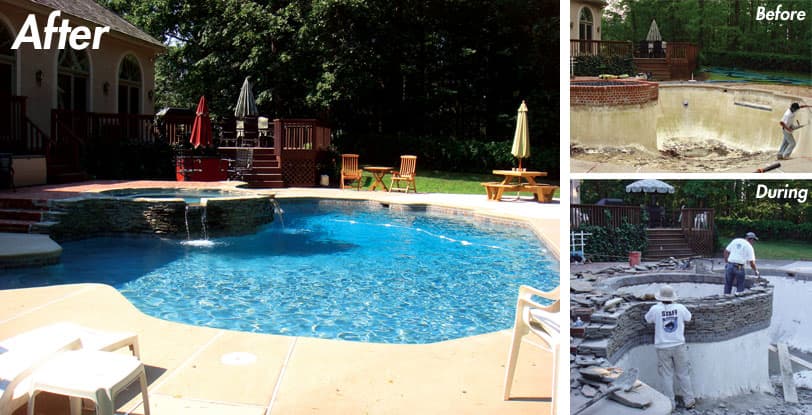Freeform pool with raised spa and stacked stone waterfall, shown before, during and after renovation