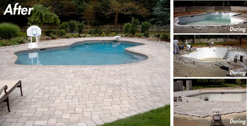Freeform pool with paver patio and pool basketball, shown during gunite construction and finished