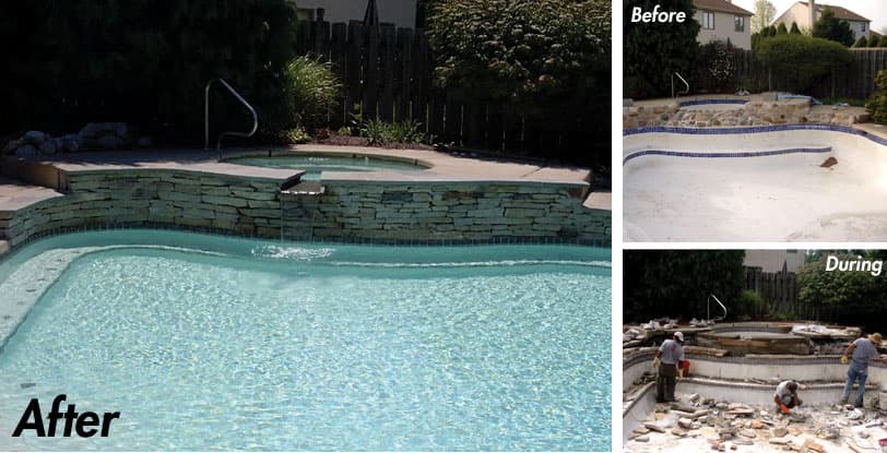 Freeform pool renovation with stacked stone spa wall, shown before, during and after construction