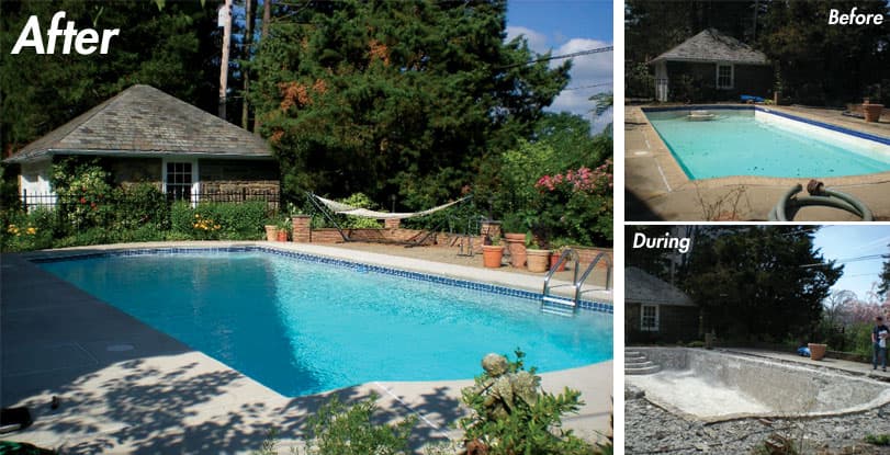 Renovated rectangular pool with new plaster and landscaping, paired with before and during demolition photos