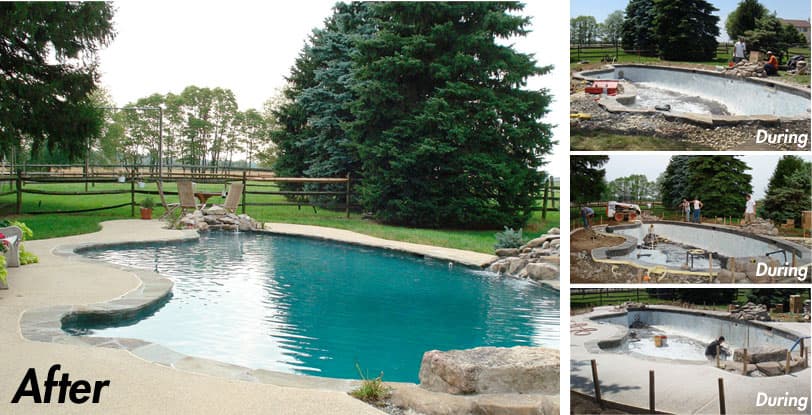 Pool renovation before-and-after collage showing freeform pool with rock waterfall