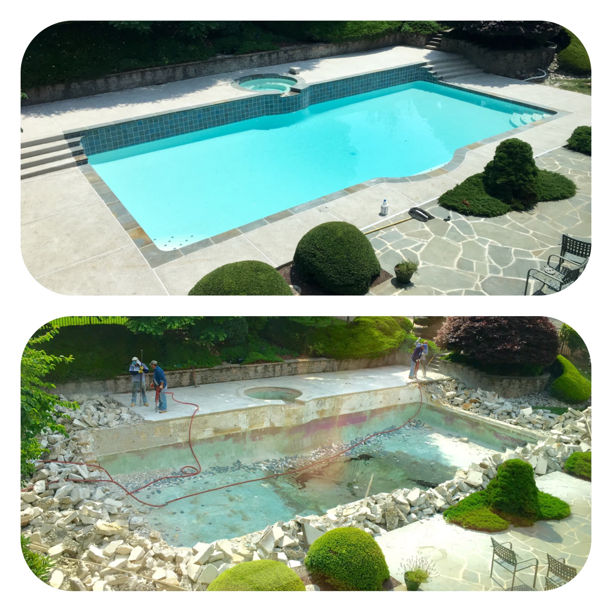 Pool renovation before-and-after with rectangular pool and flagstone deck after demolition stage