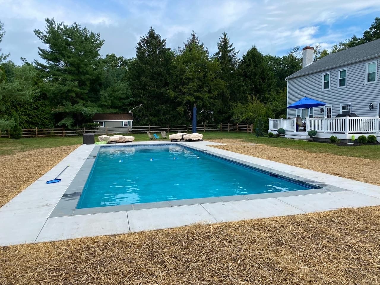 Recently completed rectangular pool with new concrete deck and straw mulch around