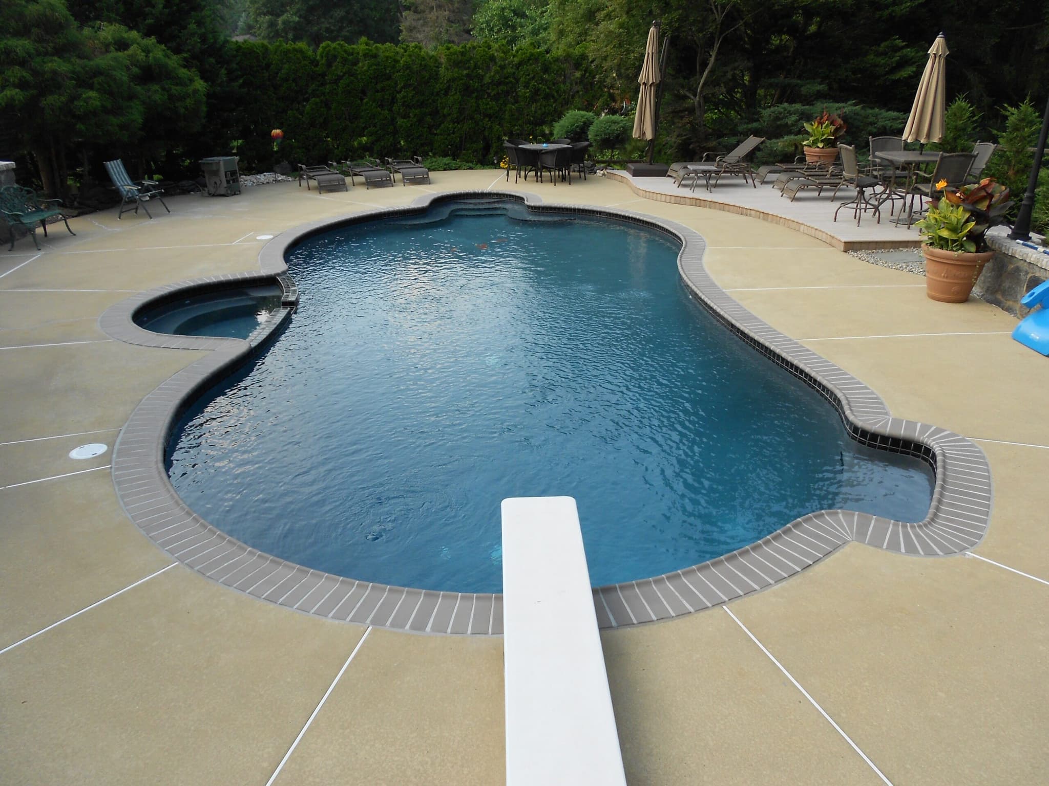 Pool renovation before-and-after collage showing finished pool and during demolition phases