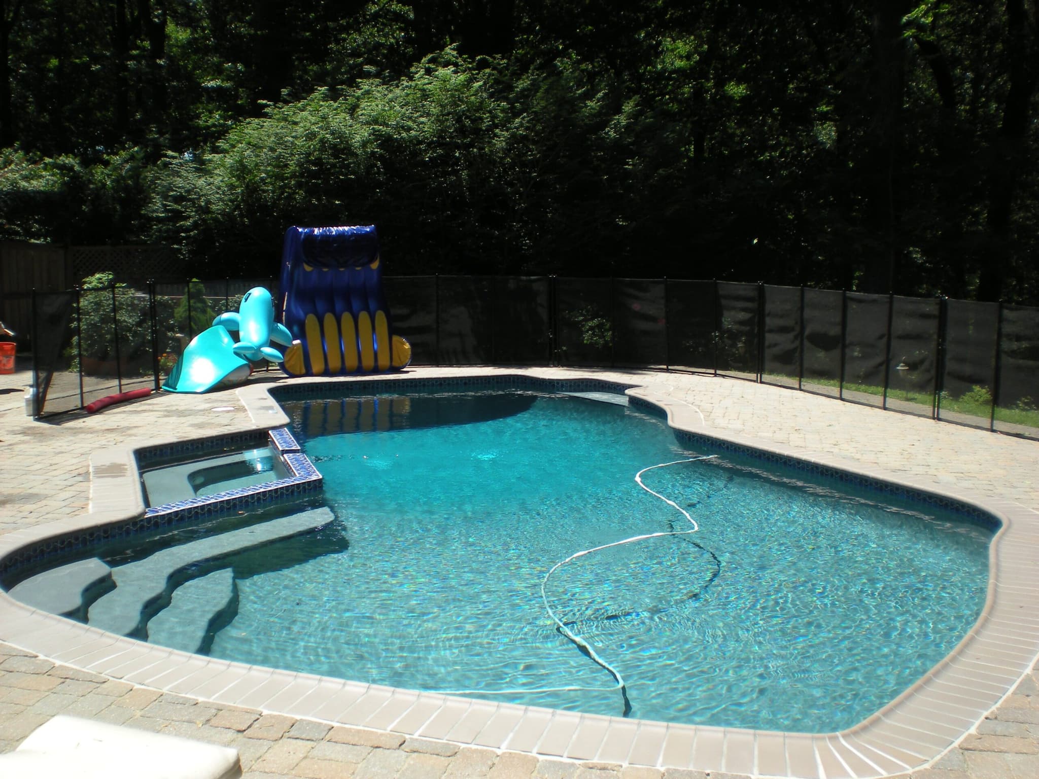 Freeform pool with raised spa step and child safety fence on paver deck