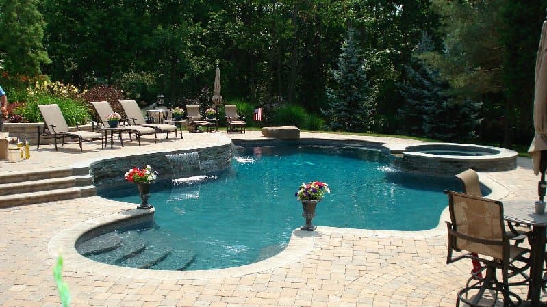 Freeform pool with French gray plaster and bullnose coping in wooded backyard