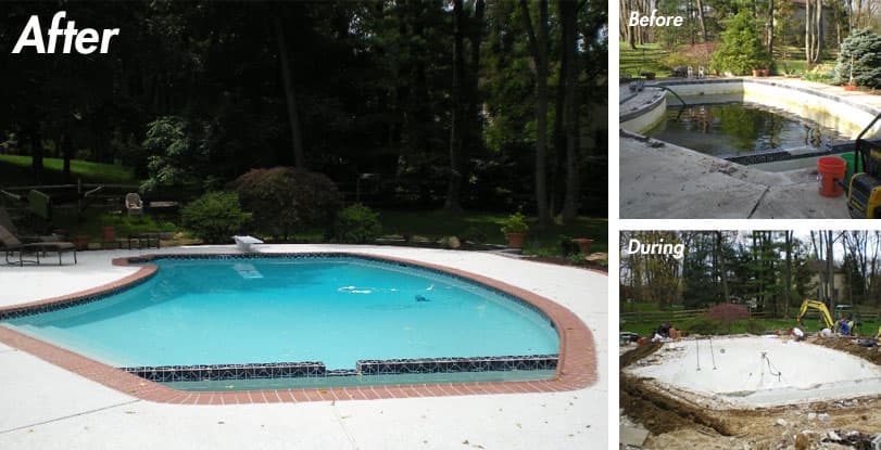 Pool renovation before-and-after collage showing renovated pool with brick coping