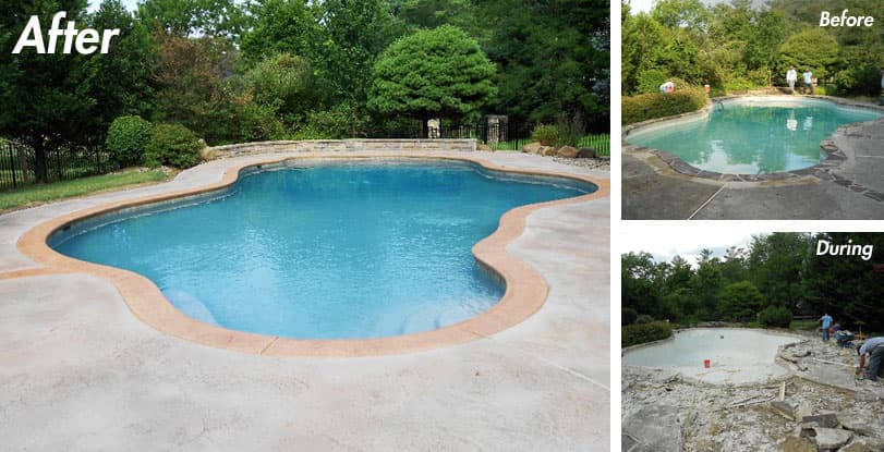 Pool renovation before-and-after collage with finished freeform pool and demolition stages