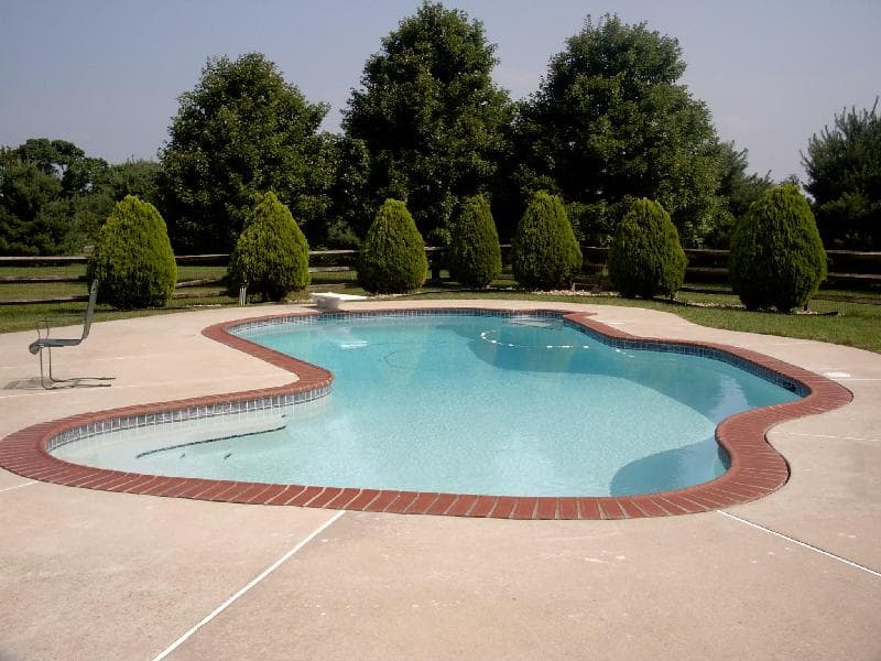 Freeform pool with red brick coping and diving board in rural fenced backyard