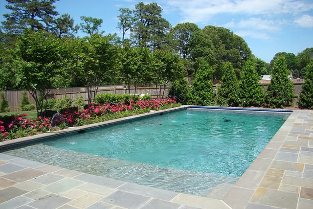 Rectangular renovated pool with bluestone deck and knockout rose border in private backyard