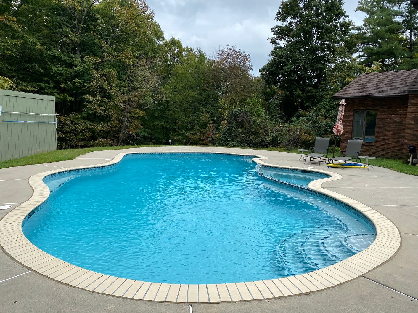 Freeform pool with Seashell coping and integrated spa — Premier Pool Renovations