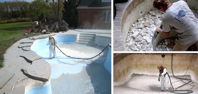 Sandblasting old plaster from pool shell during resurfacing — Premier Pool Renovations
