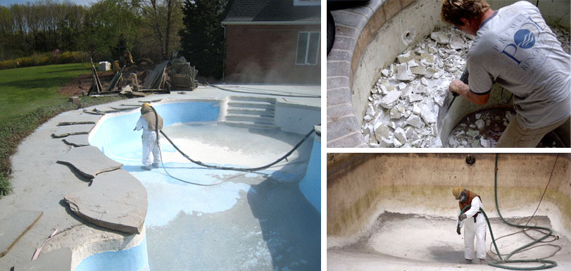 Sandblasting a residential pool interior to prepare the substrate for new plaster — Premier Pool Renovations