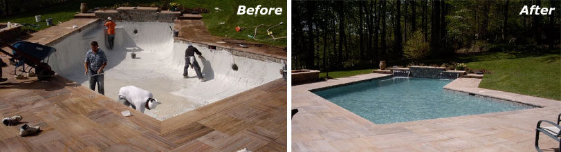 Before-and-after white plaster pool resurfacing — Premier Pool Renovations